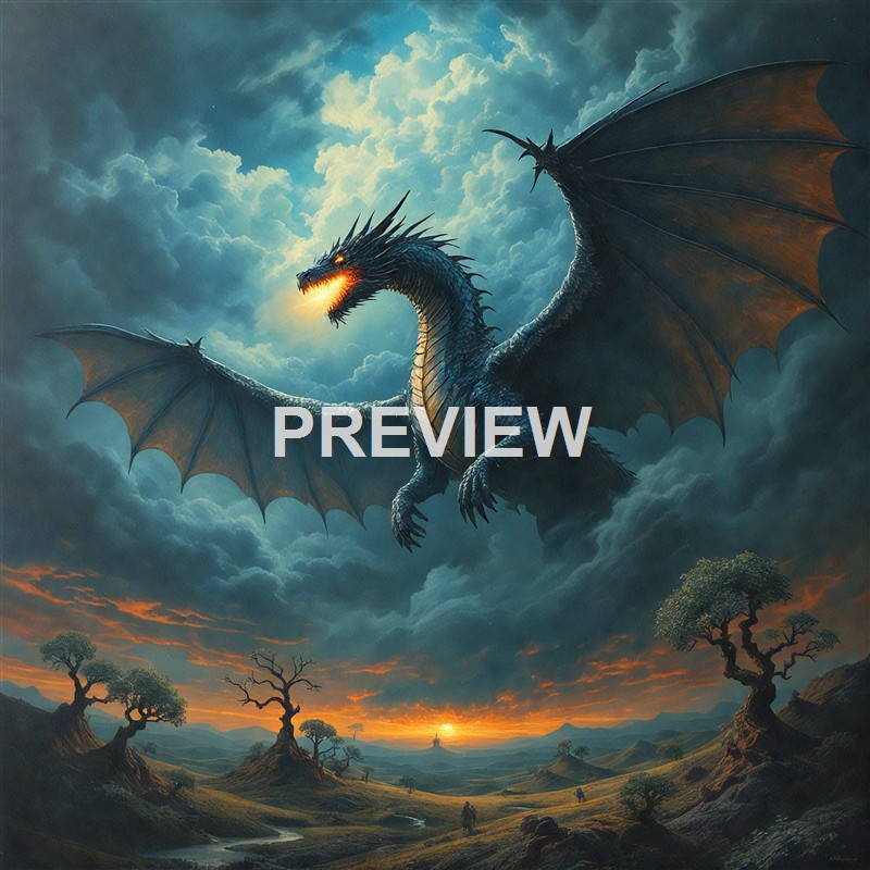 A large, menacing dragon with glowing eyes and fiery breath soaring above a landscape with sparse trees, mountains, and a setting sun under a cloudy sky.